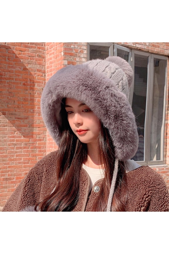 Women's Cute Winter Knit Hat, Plush Faux Fur Brim and Pom Pom, Tie String Ear Warmer Beanie, Cold Weather Fleece Lined Pullover Cap for Outdoor Grey