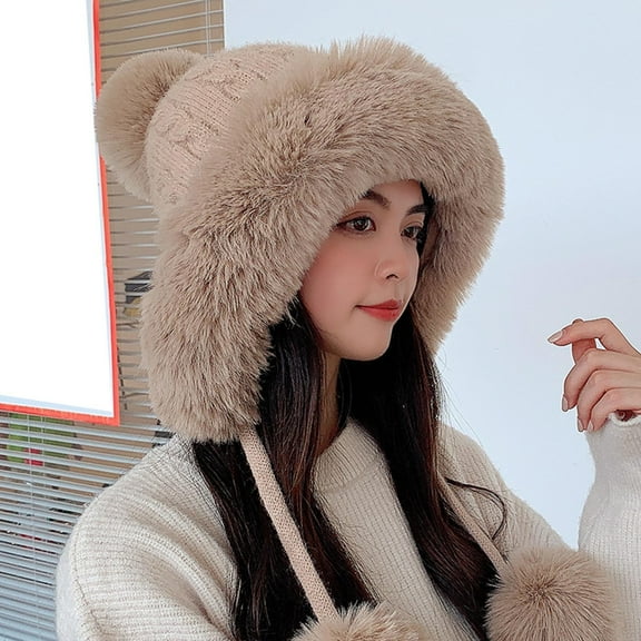 Women's Cute Winter Knit Hat, Plush Faux Fur Brim and Pom Pom, Tie String Ear Warmer Beanie, Cold Weather Fleece Lined Pullover Cap for Outdoor Khaki