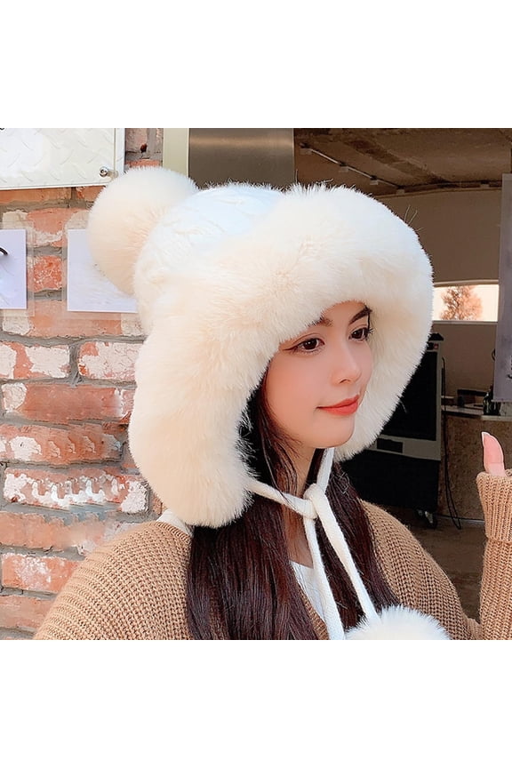 Women's Cute Winter Knit Hat, Plush Faux Fur Brim and Pom Pom, Tie String Ear Warmer Beanie, Cold Weather Fleece Lined Pullover Cap for Outdoor White