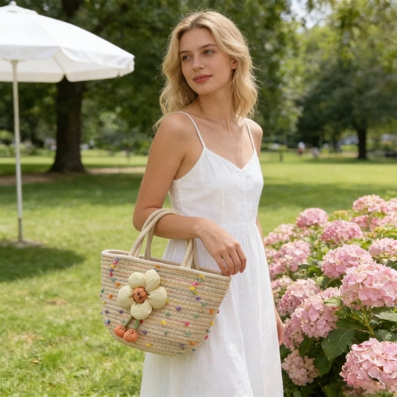 Women's Cute Woven Handbag, Casual Summer Tote with 3D Flower Decor, Lightweight & Spacious, Perfect for Picnics, Beach Days & Daily Errands, Minimalist Style