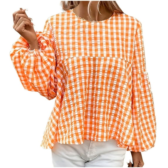 Women's Cute Y2K Tops Puff Sleeve Striped Babydoll Blouse Ruffle Hem Plaid Streetwear Loose Fit Shirts