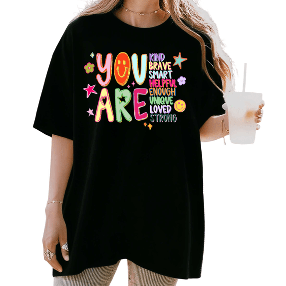 Women's Cute You Are Enough Retro Smiley Face Aesthetic Graphic Cotton T Shirt Short Sleeve Round Neck Top Black S-5XL