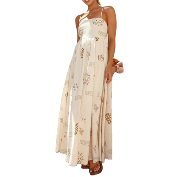 Women's Cutout Back Printed Square Neck Maxi Cami Dress with Ruched Smocked Details 95% Polyester 5% Elastane Fabric