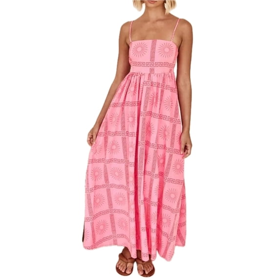 Women's Cutout Back Printed Square Neck Maxi Cami Dress with Ruched Smocked Details 95% Polyester 5% Elastane Fabric