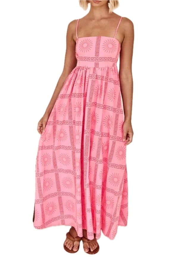 Women's Cutout Back Printed Square Neck Maxi Cami Dress with Ruched Smocked Details 95% Polyester 5% Elastane Fabric