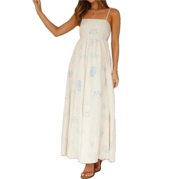 Women's Cutout Back Printed Square Neck Maxi Cami Dress with Ruched Smocked Details 95% Polyester 5% Elastane Fabric