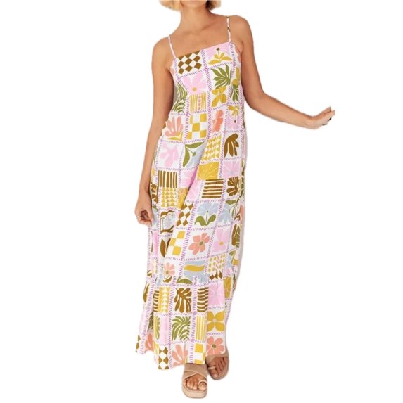 Women's Cutout Back Printed Square Neck Maxi Cami Dress with Ruched Smocked Details 95% Polyester 5% Elastane Fabric