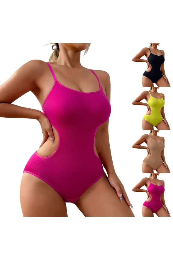 Women’s Cutout Bodysuit Spaghetti Strap Shapewear Backless Slimming Bodysuit Solid Color Tummy Control Top Thong Cut Bodysuit Everyday Wear Shapewear Sexy Body Shaper Yellow S