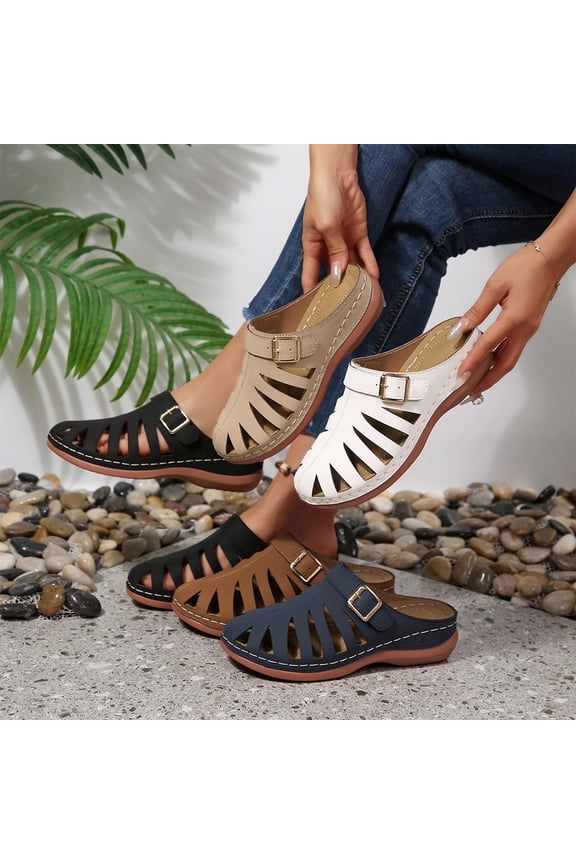 Women's Cutout Closed Toe Wedge Heeled Mules, Buckle Strap Plus Size Comfortable Wedge Heel Shoes for Daily Wear