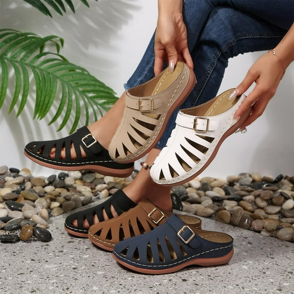 Women's Cutout Closed Toe Wedge Heeled Mules, Buckle Strap Plus Size Comfortable Wedge Heel Shoes for Daily Wear