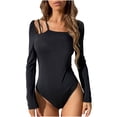 thumbnail image 1 of Women's Cutout Front T Shirt Top Stretchy Long Sleeve Casual Black Bodysuit Jumpsuits for Women, 1 of 7