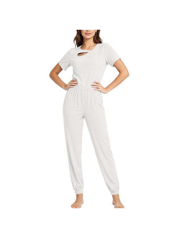 Women's Cutout Heart Neck Scrub Set, Stretch Medical Uniform Short Sleeve Top Jogger Pants Nursing Two Piece Workwear White-C XXL(XXL)