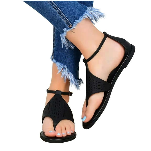 Women's Cutout Leather Sandals Casual Wear Cute Gladiator Flat Sandals Beach Dressy T-Strap Thong Sandals