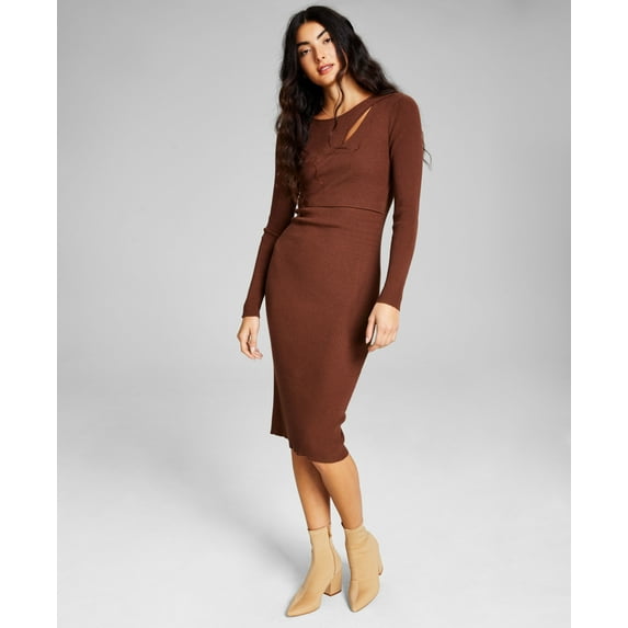 Women's Cutout Long-Sleeve Sweater Dress Chocolate Brown L