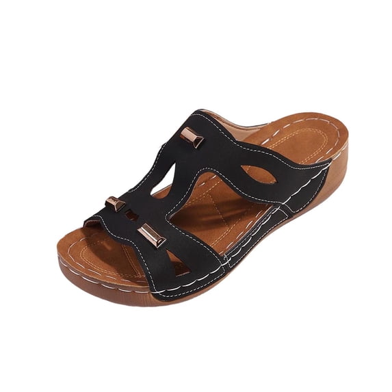 Women's Cutout Metal Accent Wedge Slide Sandals, Open-Toe Bohemian Platform Slip-On Summer Slippers