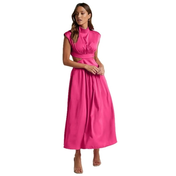 Women's Cutout Mock Neck Sleeveless Ruched Dress with Sheer Panels 95% polyester 5% spandex for a Flattering Fit