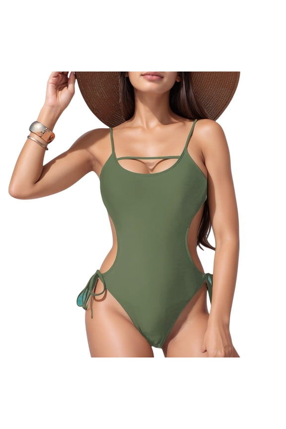 Women's Cutout One-Piece Swimsuit with Strappy Chest Detail Adjustable Side Ties and Open Back Design - Small, Green