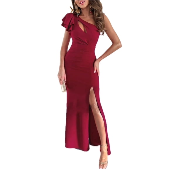 Women's Cutout One Shoulder Ruffle Dress with Side Slit and Stretchy Fit for Flattering Occasion Wear 100% Polyester