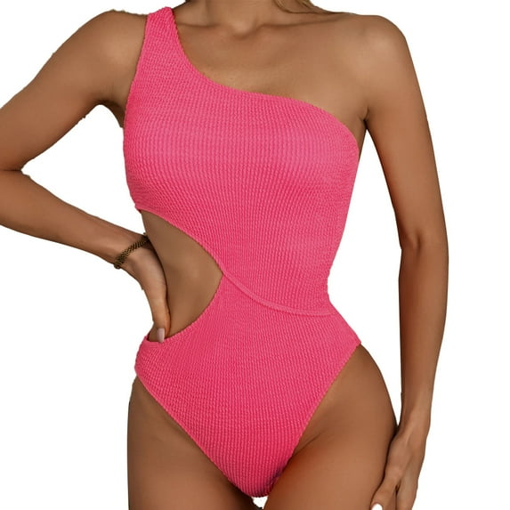Women's Cutout Pink One Piece Swimsuit One Shoulder Swimwear Ribbed Monokini Bathing Suits