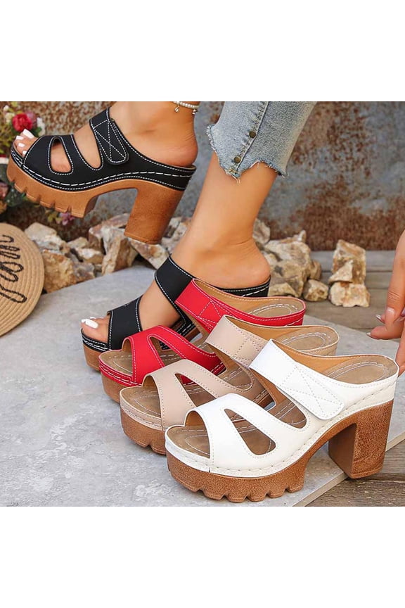 Women's Cutout Platform Heeled Mules, Wide Width Open Toe Summer Sandals for Women, Slip-On Chunky Heel Casual Dress Shoes, Non-Slip Outdoor Walking Slides