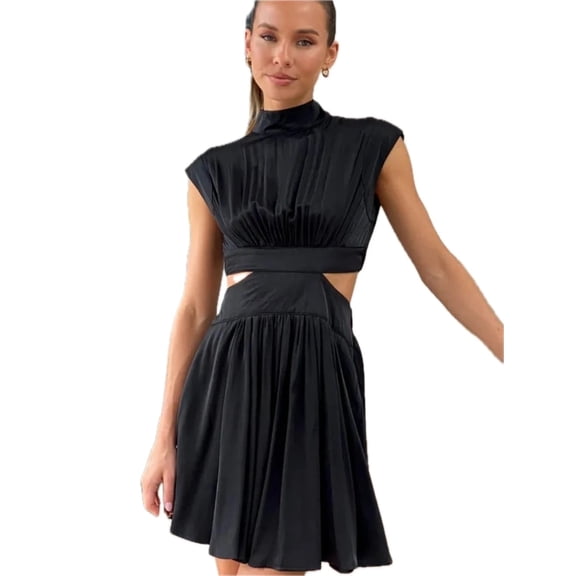 Women's Cutout Ruched Mock Neck Mini Dress 95% Polyester 5% Spandex Opaque Stretch Sheath Detail for Party Evening Wear
