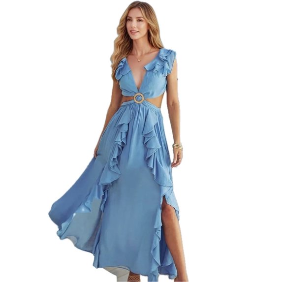 Women's Cutout Ruffled Cap Sleeve Maxi Dress for Summer Party Occasion with 60% Polyester 40% Nylon Sleek Look