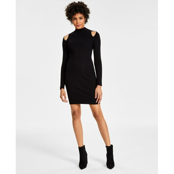 Women's Cutout-Shoulder Ribbed Mini Sweater Dress Deep Black XL