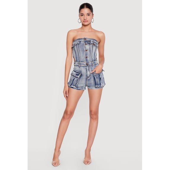 Women's Cutout Side Cargo Pocket Denim Rompers