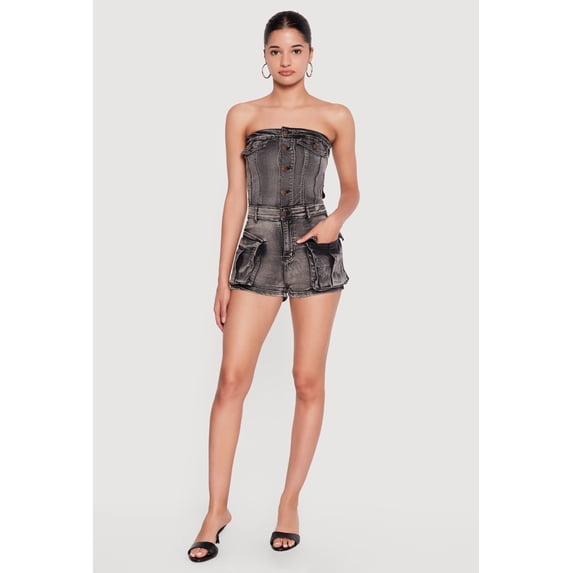 Women's Cutout Side Cargo Pocket Denim Rompers