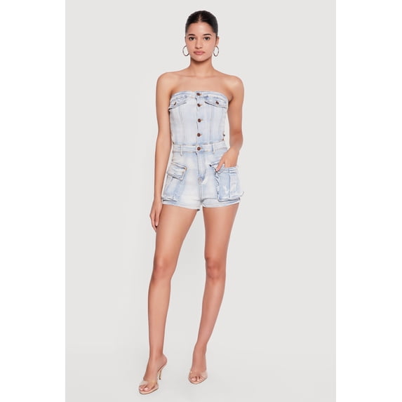 Women's Cutout Side Cargo Pocket Denim Rompers