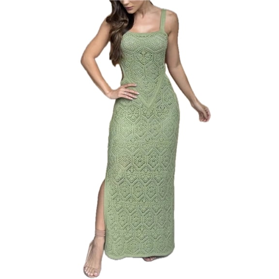 Women's Cutout Side Slit Maxi Tank Dress Eyelet Detail Semi Sheer Stretch Lined 100% Polyester Fabric for Summer Wear