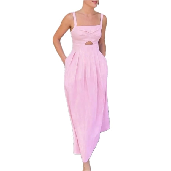 Women's Cutout Square Neck Cami Dress with Pockets Ruched Sheer Overlay Not Lined Stretch Body 100% Polyester