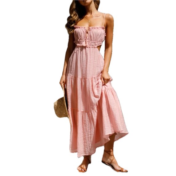 Women's Cutout Square Neck Midi Cami Dress with Ties and Ruched Backless Fit 95% Polyester 5% Spandex Imported Easy Care