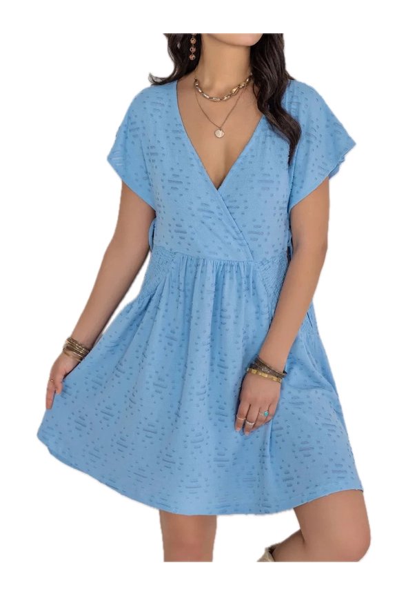 Women's Cutout Surplice Short Sleeve Dress with Ruched Detailing and Opaque Finish for Modern Elegant Everyday