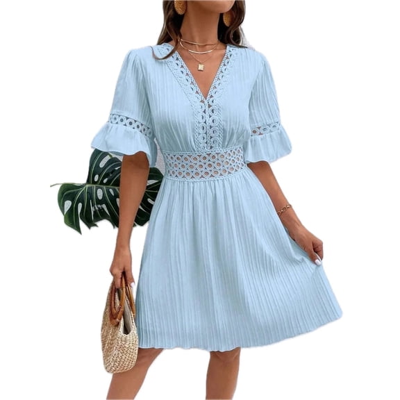 Women's Cutout V Neck Flounce Sleeve Mini Dress 100% Polyester Lined Elegant Party Ready Day to Night Everyday Chic