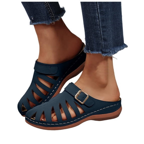 Women's Cutout Wedge Sandal Lightweight Non Slip Wide Width Closed Toe Dressy Sandals Breathable Summer Slip On Mules Blue Size 7.5