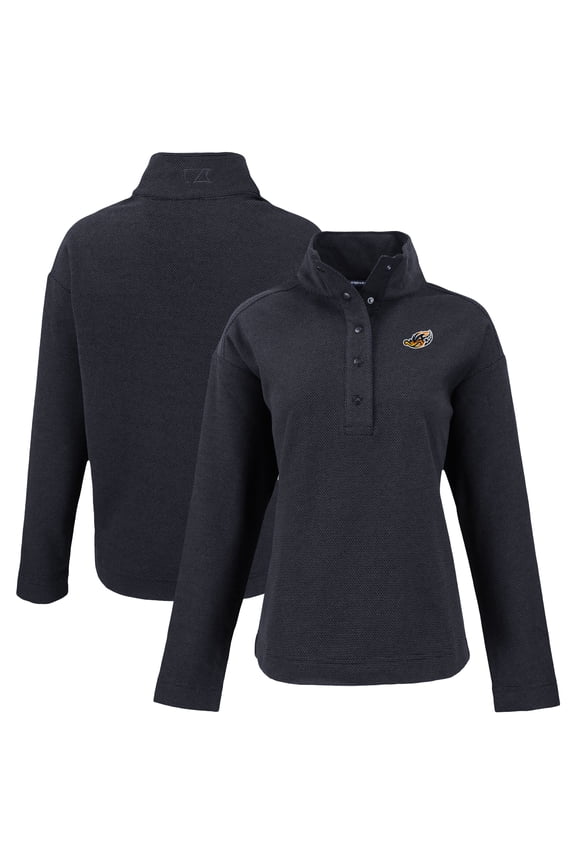 Women's Cutter & Buck Black Akron RubberDucks Hunts Point Eco Textured Fleece Recycled Half-Snap Sweatshirt