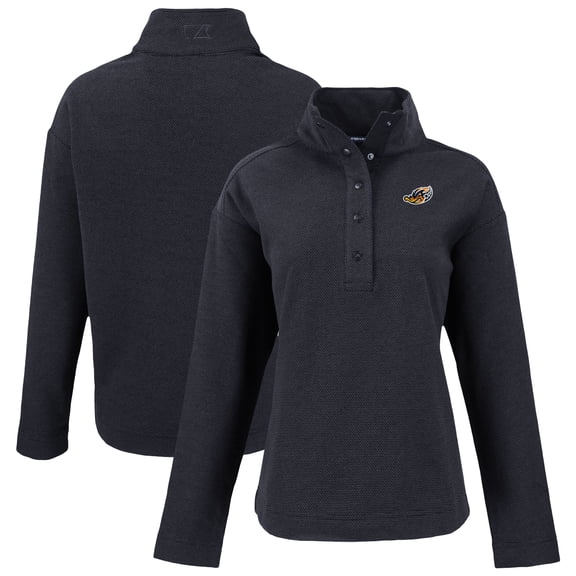 Women's Cutter & Buck Black Akron RubberDucks Hunts Point Eco Textured Fleece Recycled Half-Snap Sweatshirt