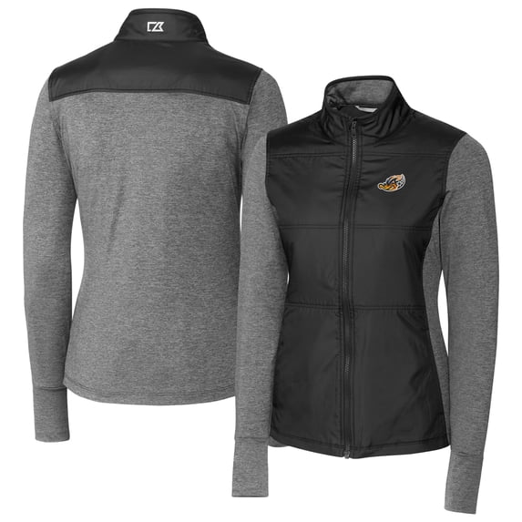 Women's Cutter & Buck Black Akron RubberDucks Stealth DryTec Hybrid Quilted Full-Zip Windbreaker Jacket