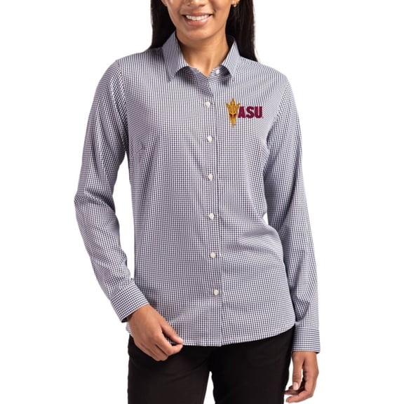 Women's Cutter & Buck Black Arizona State Sun Devils Skyline Epic Confidence Recycled Gingham Long Sleeve Dress Shirt