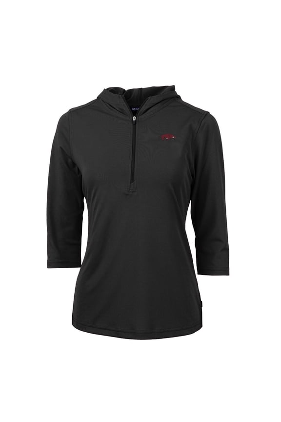 Women's Cutter & Buck Black Arkansas Razorbacks Virtue Eco Pique 3/4 Sleeve Half-Zip Pullover Hoodie