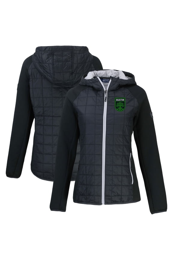 Women's-Cutter & Buck Black Austin FC Rainier Primaloft Eco Raglan Full-Zip Hybrid Hooded Jacket