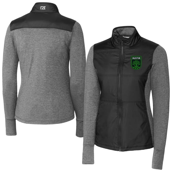 Women's-Cutter & Buck  Black Austin FC Stealth Hybrid Quilted Full-Zip Windbreaker Jacket