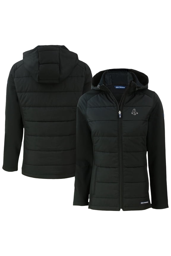 Women's Cutter & Buck Black Boston Red Sox Evoke Hybrid Eco Softshell Recycled Full-Zip Hooded Jacket