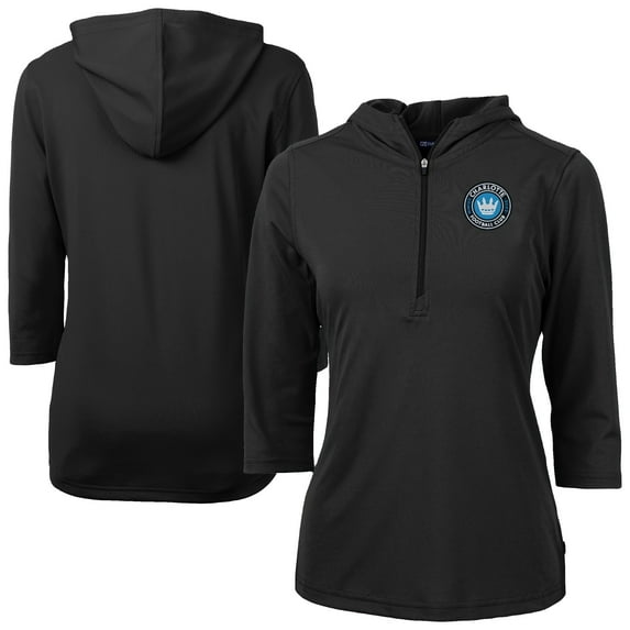 Women's-Cutter & Buck Black Charlotte FC Virtue Eco Pique Recycled Half-Zip Pullover Hoodie
