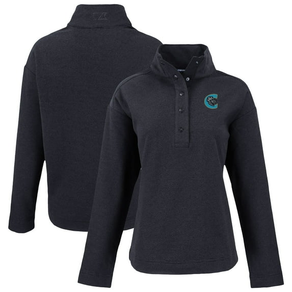Women's Cutter & Buck Black Charlotte Knights Hunts Point Eco Textured Fleece Recycled Half-Snap Sweatshirt