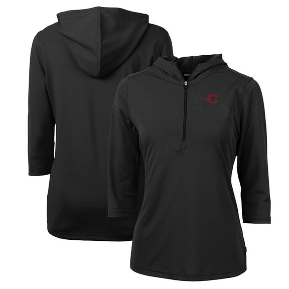 Women's Cutter & Buck Black Cincinnati Reds City Connect Virtue Eco Pique Half-Zip 3/4 Sleeve Pullover Hoodie