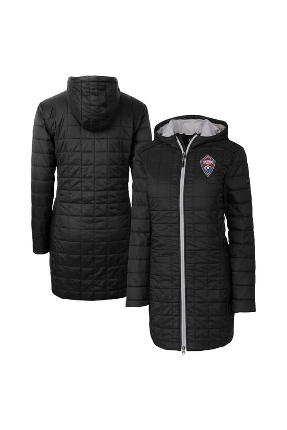 Women's Cutter & Buck Black Colorado Rapids Rainier PrimaLoft- Eco Insulated Hooded Full-Zip Long Coat