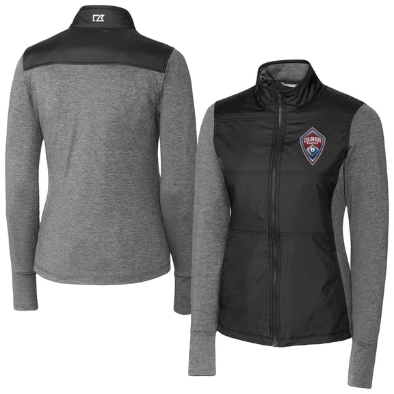 Women's-Cutter & Buck Black Colorado Rapids Stealth Hybrid Quilted Full-Zip Windbreaker Jacket