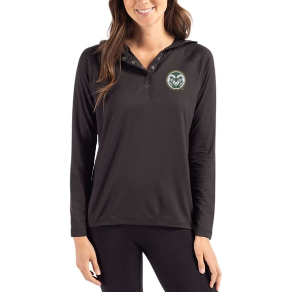 Women's Cutter & Buck Black Colorado State Rams Coastline Epic Comfort Recycled Hooded Raglan Quarter-Snap Shirt